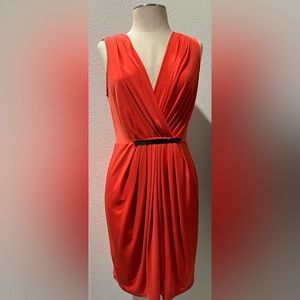 Sandra Darren Women’s Orange Deep-V Dress Pleated Front with Gold Buckle Size 8